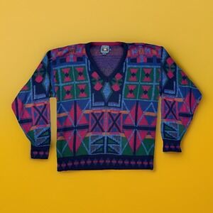 VTG 90s Chaps Ralph Lauren Geometric Knit Sweater USA Made Multicolor Large